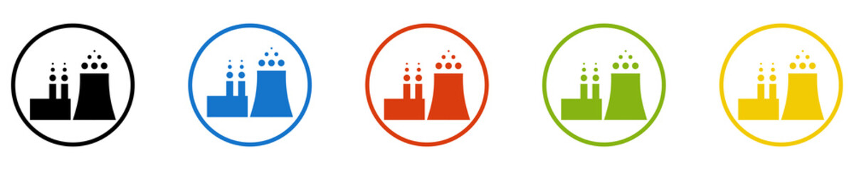 Bunter Banner mit 5 farbigen Icons: Fabrik, Industrie oder Kraftwerk