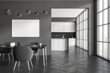 Front view on dark kitchen room interior with empty poster