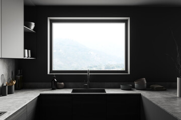Kitchen interior with sink and panoramic window, kitchenware on deck