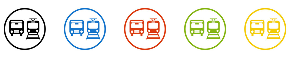 Bunter Banner mit 5 farbigen Icons: Öffentlicher Nahverkehr mit Bus und Bahn - obrazy, fototapety, plakaty