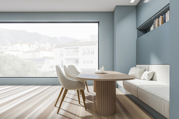 Modern dining room interior with sofa and chairs, panoramic window