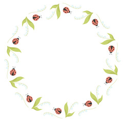 Round frame with May lilies of the valley with leaves and ladybugs. Vector illustration. Beautiful Spring card, decoration, napkin for design, postcards, decor and decoration, print