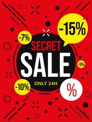 Secret sale only 24 hour banner template. 15 percent off price clearance and additional 5, 7, 10 sell-off vector illustration - obrazy, fototapety, plakaty