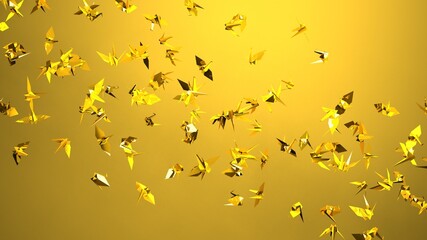 Gold origami crane on yellow background.
3D illustration for background.