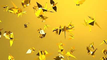 Gold origami crane on yellow background.
3D illustration for background.