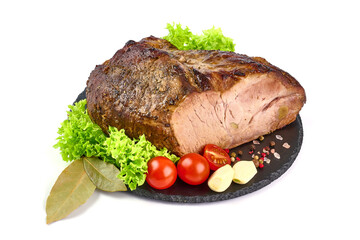 Baked pork roast, spicy glazed meat, isolated on white background.