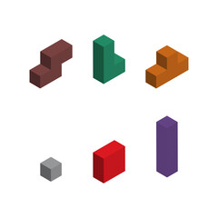 Set of color tetris isometric block, color puzzle icon , logic fun game vector illustration