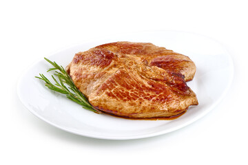 Roasted juicy pork steak with rosemary, BBQ dishes, isolated on white background.
