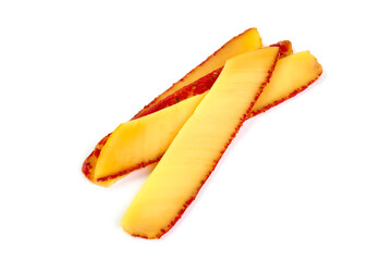Hard cheese with red sun-dried tomatoes, herbs, basil, isolated on white background.