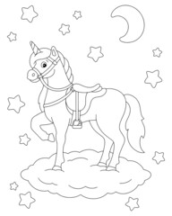 A beautiful unicorn stands on a cloud at night. Coloring book page for kids. Cartoon style character. Vector illustration isolated on white background.