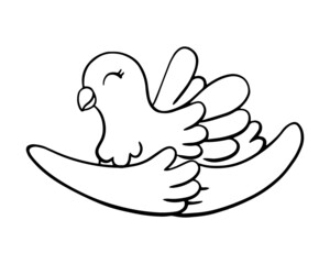 Hands holding a cute dove. Coloring page for kids. Digital stamp. Cartoon style character. Vector illustration isolated on white background.