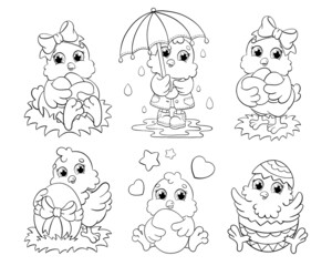 Set of cute Easter chickens. Coloring book page for kids. Cartoon style character. Vector illustration isolated on white background.
