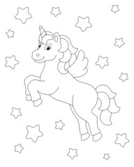 Beautiful unicorn with wings. Coloring book page for kids. Cartoon style character. Vector illustration isolated on white background.