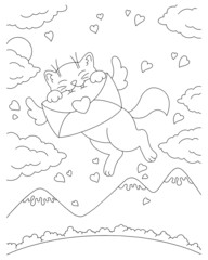 Cupid cat carries a love letter. Coloring book page for kids. Valentine's Day. Cartoon style character. Vector illustration isolated on white background.