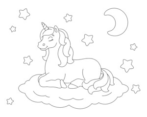 Magic unicorn. Fairy horse. Coloring book page for kids. Cartoon style character. Vector illustration isolated on white background.