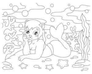 Fototapeta na wymiar Coloring book page for kids. Cute mermaid. Cartoon style character. Vector illustration isolated on white background.