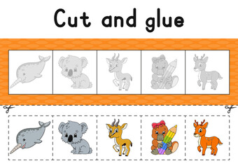 Cut and glue. Color activity worksheet for kids. Game for children. Cartoon character. Vector illustration.