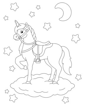 A beautiful unicorn stands on a cloud at night. Coloring book page for kids. Cartoon style character. Vector illustration isolated on white background.