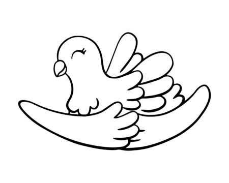 Hands holding a cute dove. Coloring page for kids. Digital stamp. Cartoon style character. Vector illustration isolated on white background.