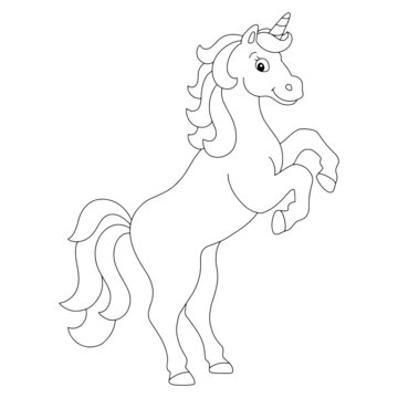 The magical unicorn reared up. Coloring book page for kids. Cartoon style character. Vector illustration isolated on white background.