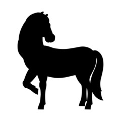 Cute horse. Farm animal. Black silhouette. Design element. Vector illustration isolated on white background. Template for books, stickers, posters, cards, clothes.