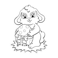 A cute rabbit holds an Easter egg in its paws Coloring page for kids. Digital stamp. Cartoon style character. Vector illustration isolated on white background.