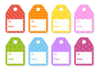 Gift tags. Bright stickers. Rectangular label. For holidays with space for your text. Color vector isolated illustration.