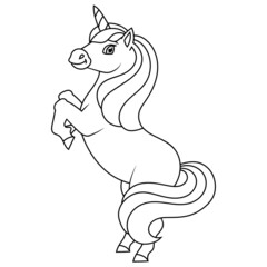 Cute unicorn. Magic fairy horse. Coloring book page for kids. Cartoon style. Vector illustration isolated on white background.