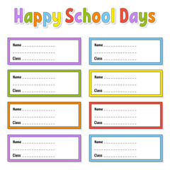 Name and class. Back to school labels. Set stickers for notebook. Bright stickers. Rectangular label. Cute characters. Color vector isolated illustration.