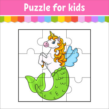 Puzzle game for kids. Cute mermaid unicorn. Jigsaw pieces. Color worksheet. Activity page. Isolated vector illustration. Cartoon style.