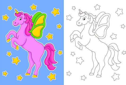 Magic unicorn. Fairy horse. Coloring book page for kids. Cartoon style character. Vector illustration isolated on white background.