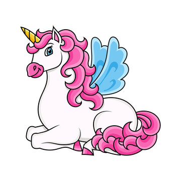 Cute unicorn with wings. Magic fairy horse. Cartoon character. Colorful vector illustration. Isolated on white background. Design element. Template for your design, books, stickers, cards. © PlatypusMi86
