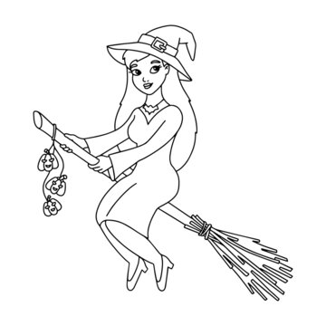 A cute witch in a hat flies on a broomstick. Coloring book page for kids. Cartoon style character. Vector illustration isolated on white background. Halloween theme.