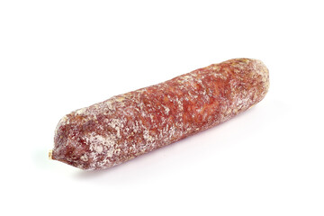 Italian salami with mold, isolated on white background.