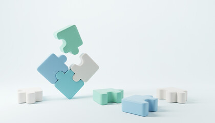 Symbol of teamwork, Jigsaw puzzle connecting, cooperation, partnership, copy space, 3d render. Business concept.