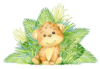 leopard, tropical leaves, watercolor animal, cartoon style, on an isolated background.