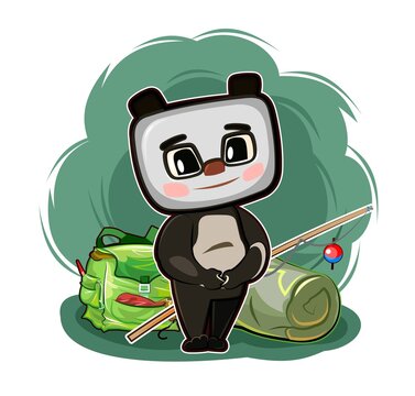 Funny cute baby panda Bear. He asks to take him camping. Backpack m fishing rod. Naive animal child. Cartoon style. Illustration for children. Isolated over white background. Vector