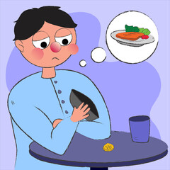Hand drawn backrupcy concept. Man charactor lacking of money for meal. Financial problem flat vector illustration background.