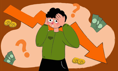 Hand drawn backrupcy concept. Woman charactor thinking of money. Financial problem flat vector illustration background.