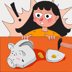 Hand drawn backrupcy concept. Woman charactor losing her saving money from piggy bank. Financial problem flat vector illustration background.