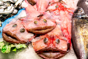 Fish Market. Sea fish in assortment on the ice market counter