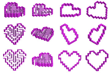 Set of 12 isometric hearts. Half of them with a simple labyrinth inside. Vector 3d modern style pink rectangular symbols of love  isolated on white background. Useful for game design.