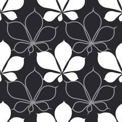 White chestnut leaves on a black background. Seamless pattern for textile, decorative paper. 