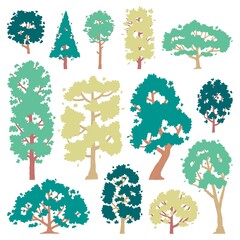 Hand drawn illustration vector set of side view trees.