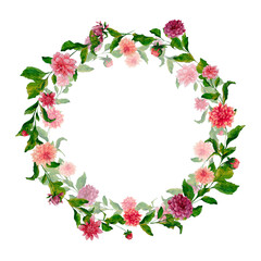 Hand-drawn watercolor floral wreath with bright dahlias and leaves, buds. Illustration isolated on white background. Wreath for decoration of wedding invitations, cards, wrapping paper