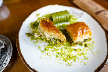 Baklava, a popular Turkish pastry with pistachio, in Gaziantep, Turkey. 