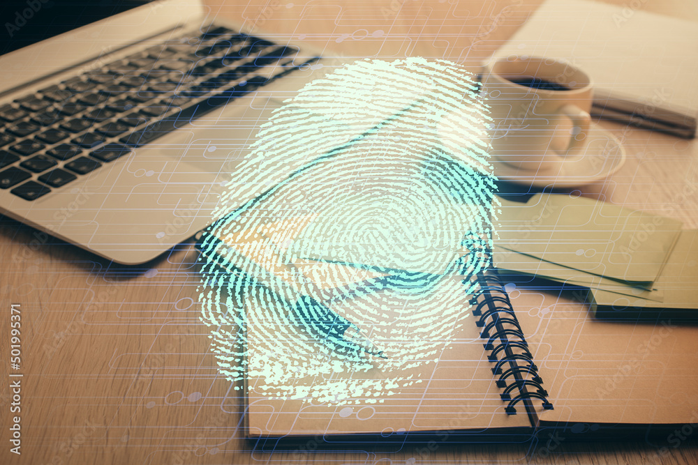 Aufkleber Double exposure of fingerprint drawing and desktop with coffee and items on table background. Concept of security.