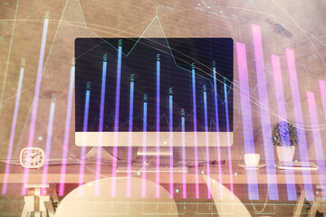 Multi exposure of financial graph drawing and office interior background. Concept of market analysis.