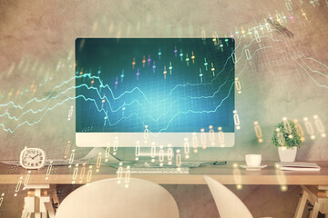 Multi exposure of financial graph drawing and office interior background. Concept of market analysis.