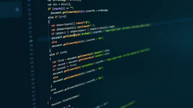 Close up of monitor screen with developing programming and coding technologies. Programmer or hacker is typing code on keyboard. Concept of bitcoin btc mining and development in virtual cyber space